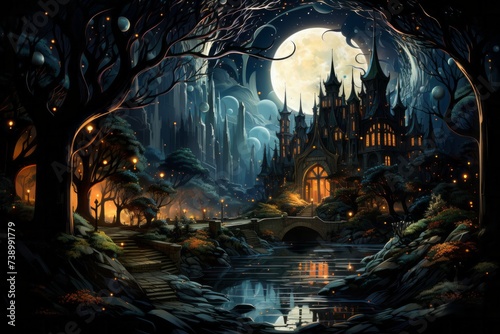 a painting of a castle in the middle of a forest at night with a full moon