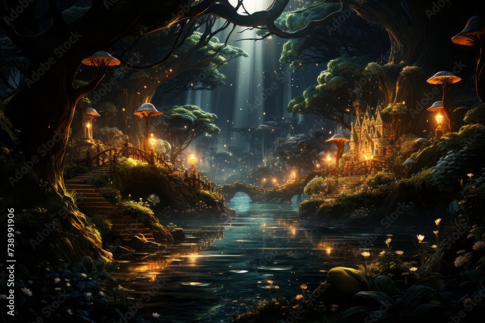 A dark forest with a river and bridge, creating a serene natural landscape