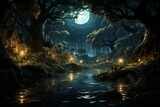 a river in the middle of a forest at night with a full moon shining through the trees