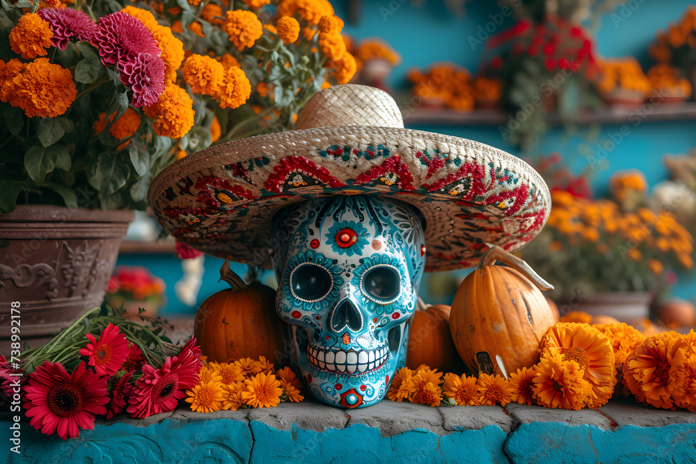 Aztec Marigold flowers - or cempasúchil - and skulls in Day of the Dead celebrations altar decorations - Mexico City, Mexico