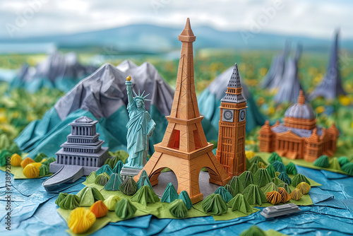 World landmarks travel - Eiffel tower, Big Ben, Liberty statue, USA, Europe, France, miniature origami