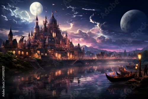 there is a castle in the background and a boat in the foreground
