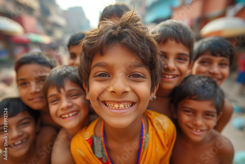 A group of boys on the street in India, smile and laugh to the camera, wide angle close up photo