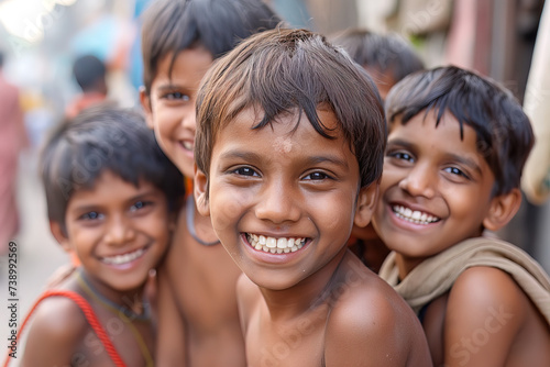 A group of boys on the street in India, smile and laugh to the camera, wide angle close up © Roman