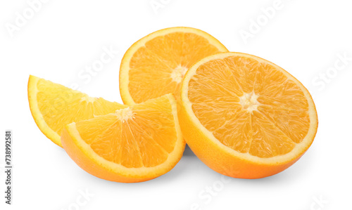 Cut fresh ripe oranges on white background