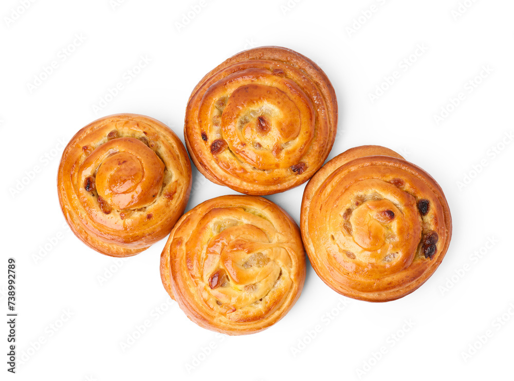 Delicious rolls with raisins isolated on white, top view. Sweet buns