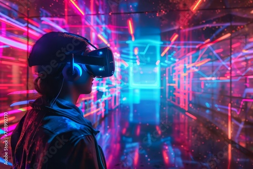 Digital art concept showcasing virtual reality space with neon lights and futuristic elements for immersive experiences. © Lucija