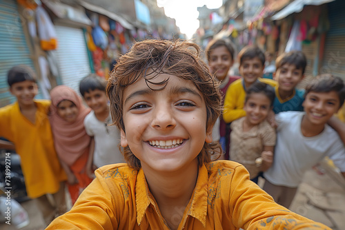 A group of boys on the street in India, smile and laugh to the camera, wide angle close up
