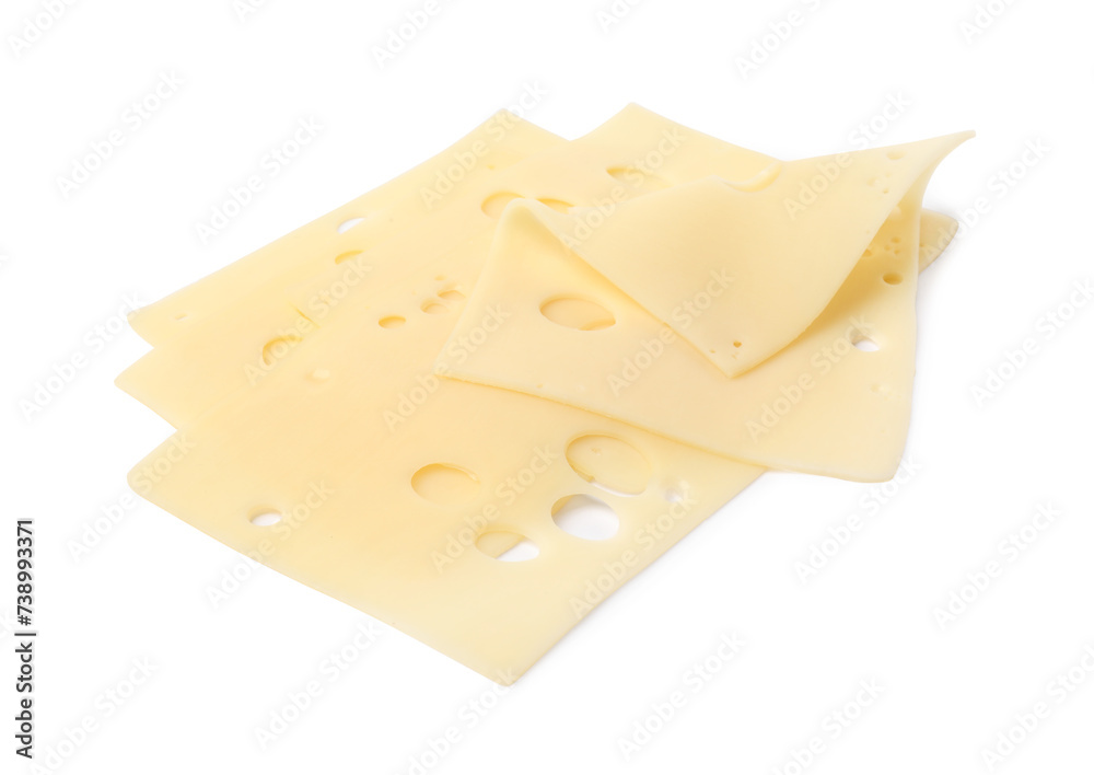 Slices of tasty fresh cheese isolated on white