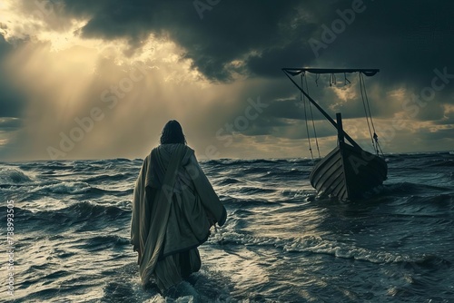 Dramatic depiction of a biblical miracle with jesus christ walking on water towards a storm-tossed boat Illustrating faith and divine intervention.