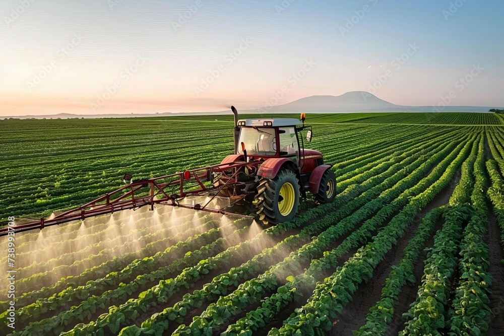 Drone capture of eco-friendly agricultural practice With a tractor spraying organic pesticides over lush green crops at dawn - obrazy, fototapety, plakaty 