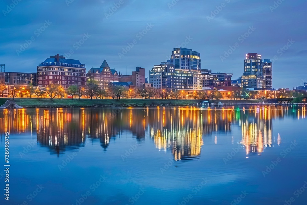 Dynamic city skyline at twilight With illuminated buildings reflecting off the river Capturing the vibrant urban life