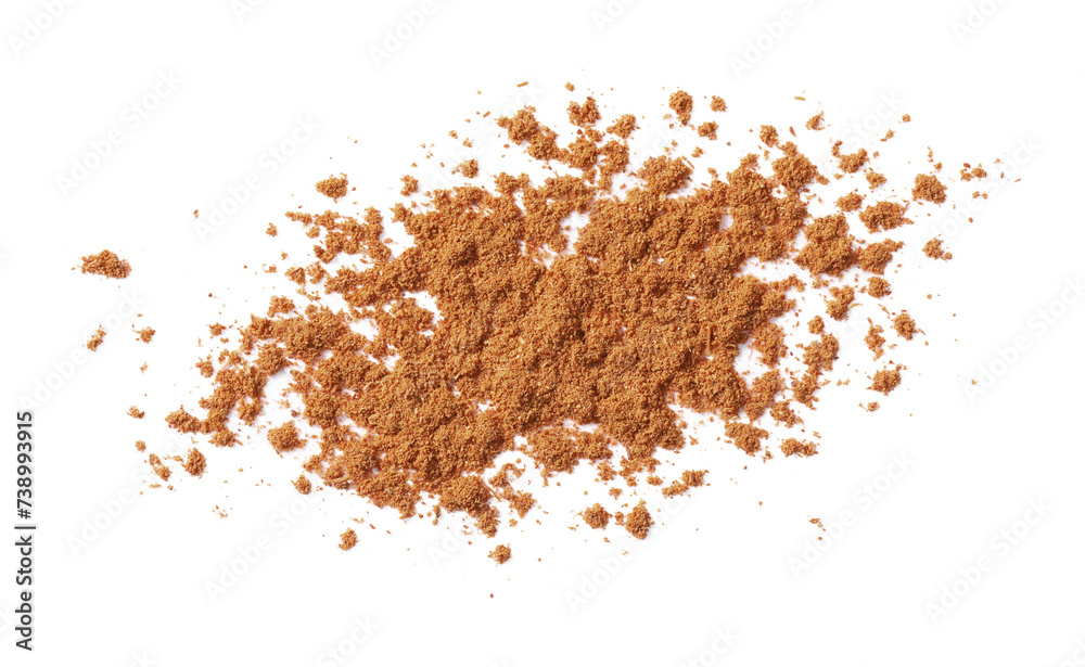 Dry aromatic cinnamon powder isolated on white, top view