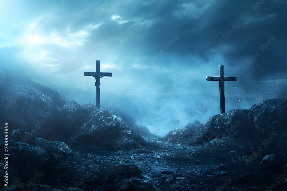 Fototapeta premium Multiple crosses on a dark hill under a brooding stormy sky