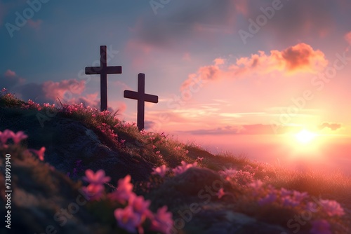 Silhouette of multiple crosses on a hilltop overlook a vibrant sunset
