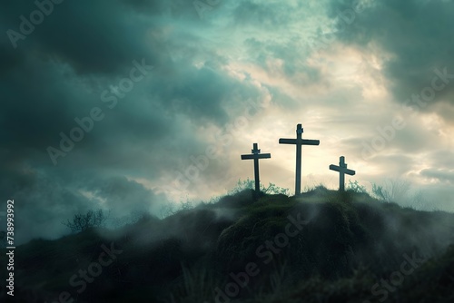 Multiple crosses on a dark hill under a brooding stormy sky photo
