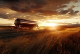 Dynamic road scene capturing a fuel tanker speeding down a countryside highway at sunset Symbolizing energy transport and motion.