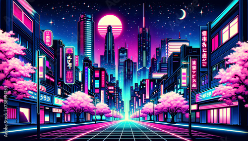 Neon Glow Synthwave Cityscape: Futuristic Tokyo Night Skyline in Vibrant Pink and Blue Hues. AI Generative. 
