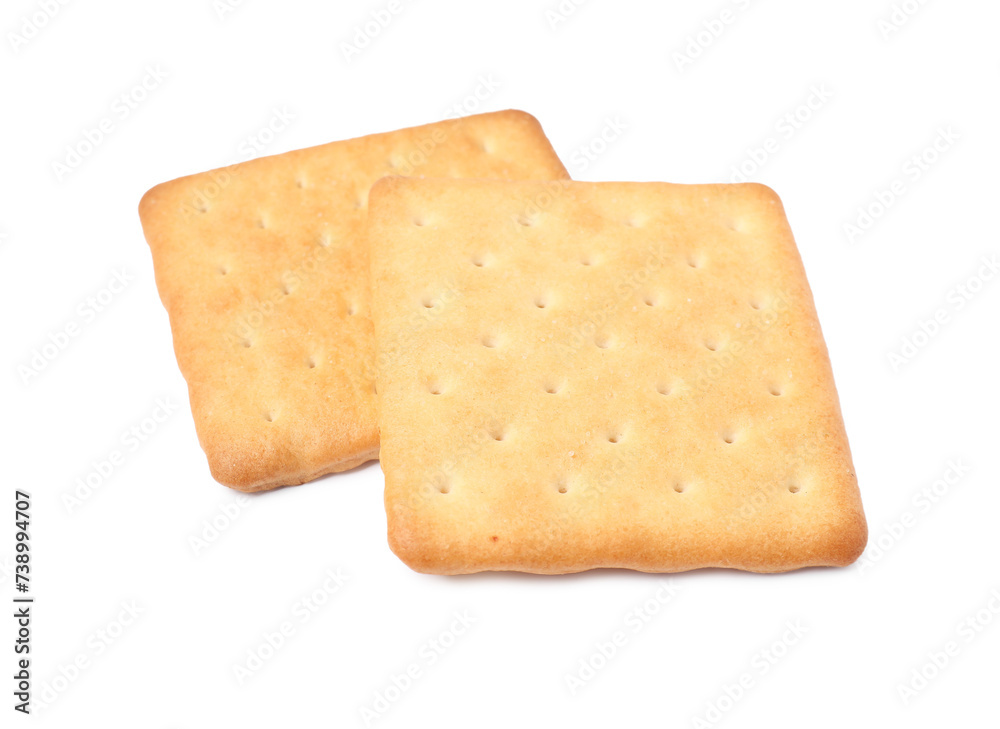 Two crispy crackers isolated on white. Delicious snack Two crispy crackers isolated on white. Delicious snack