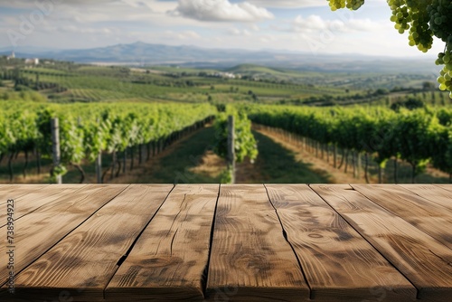 empty wooden table with vineyard view. for product display presentation