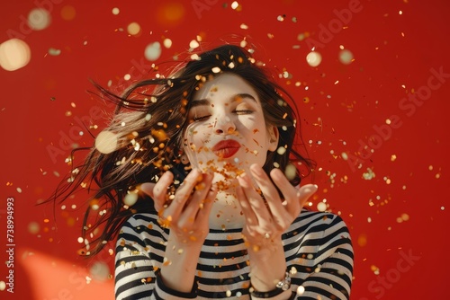 Ecstatic young woman in a striped shirt blowing golden confetti Celebrating joyously on a bright red background