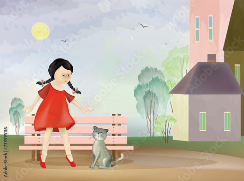 A little girl next to a gray cat wants to caress him or they are playing in the town courtyard near a bench against the backdrop of houses, trees, the sky. Vector cartoon drawing in watercolor style.