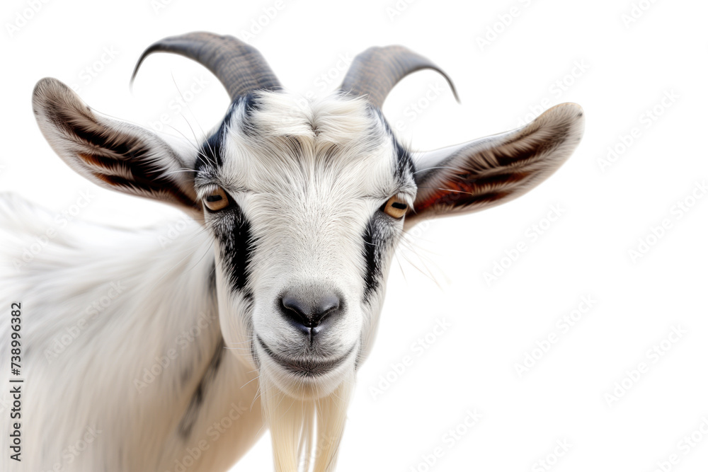 A close-up portrait of a majestic goat with distinct black and white fur, large brown eyes, and dark-colored horns against a white background.