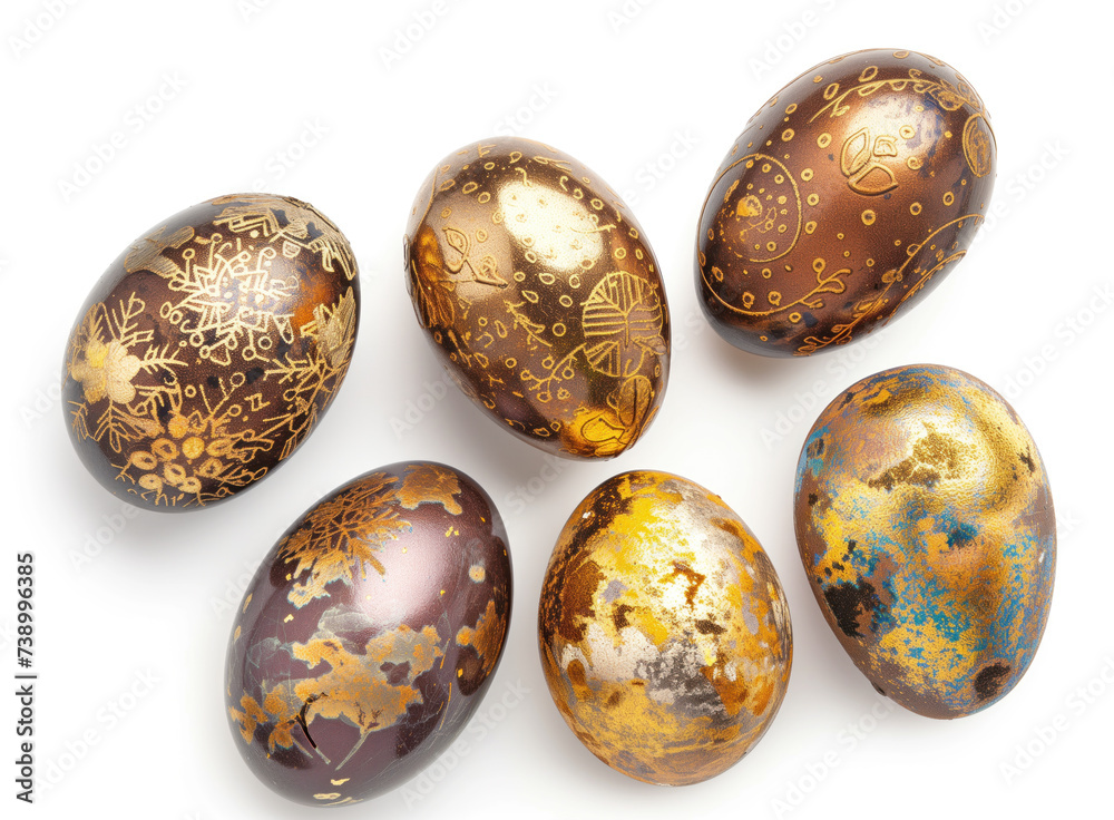A collection of six hand-painted Easter eggs, each adorned with intricate designs and patterns, showcasing a mix of golden and dark hues against a white background. A collection of six hand-painted Easter eggs, each adorned with intricate designs and patterns, showcasing a mix of golden and dark hues against a white background.