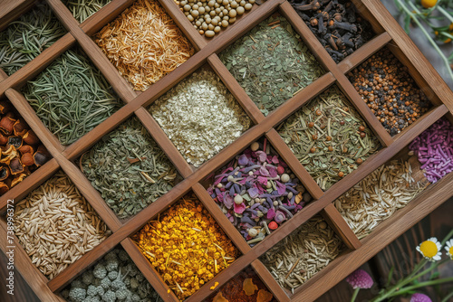 A wooden box with compartments for a variety of colorful and textured spices and herbs shows nature's palette. © Sviatlana