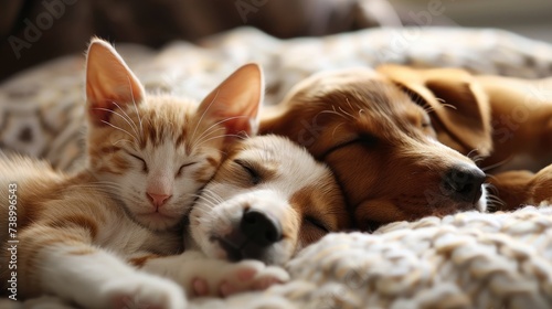 Cat and dog sleep together Kittens and puppies napping House pets. Animal care, love and friendship