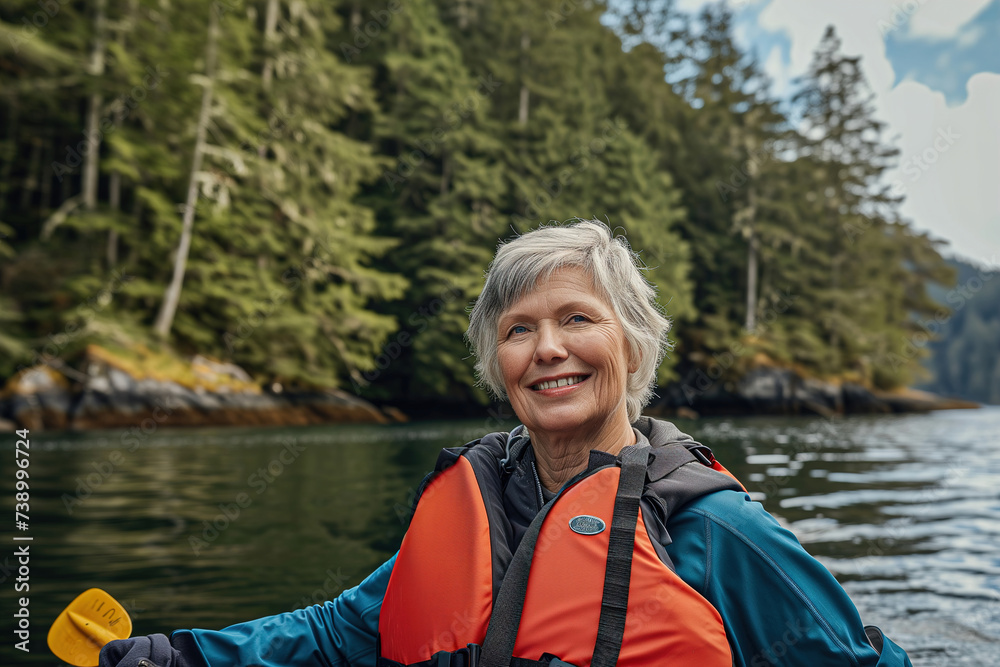 A mature woman enjoys the experience of rafting