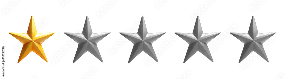 Avaliação 1 Estrela. Uma estrela amarela e quatro acinzentada em formato 3d isoladas em fundo transparente. - obrazy, fototapety, plakaty 