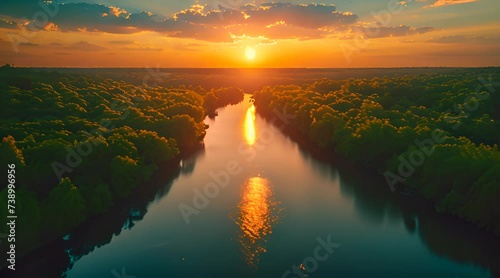 Aerial of Water Beside Forest during Golden Hour
