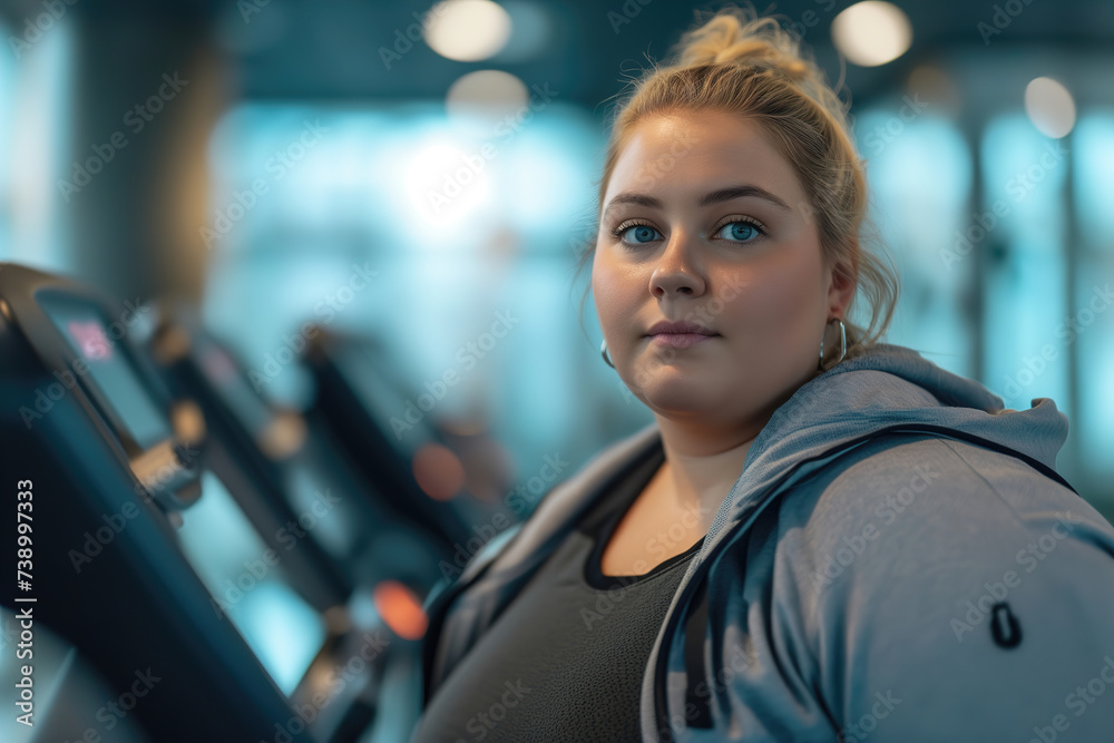 Fototapeta premium A young fat woman is exercising in the gym
