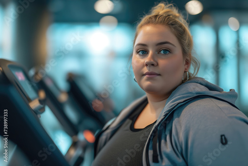 A young fat woman is exercising in the gym