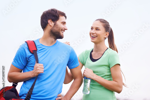 Fitness, couple with smile and workout outdoor, happy and healthy with partner, physical activity and support. People in nature for wellness, exercise together in park and training for bonding