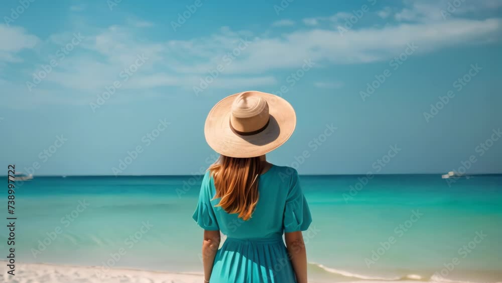 Beautiful woman standing front of beach feel relax and freedom in summer. Beautiful woman standing front of beach feel relax and freedom in summer.