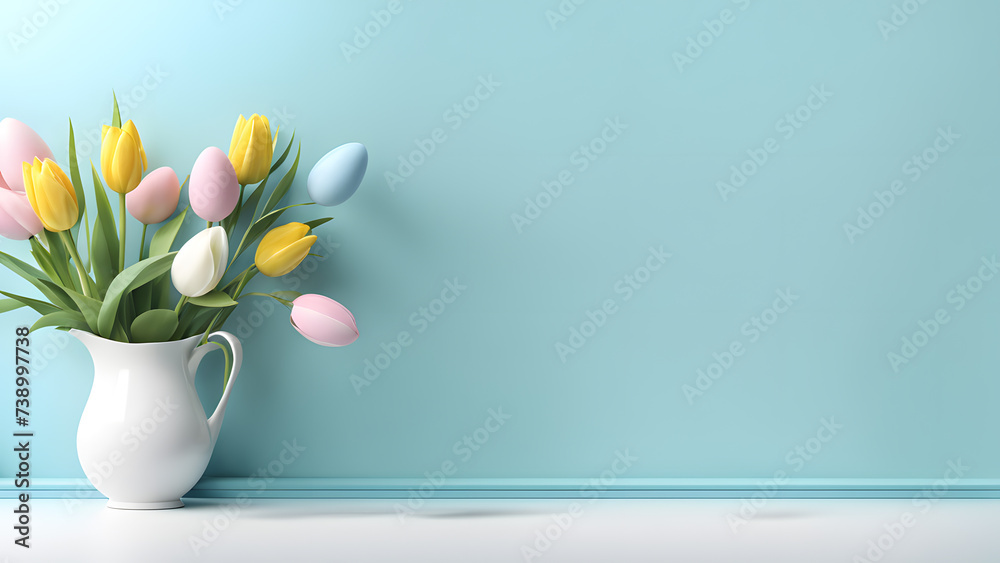 Obraz premium 3D Easter Day Graphic Displaying Flowers in a Unique Composition, Surrounded by a Sweet Blue Pastel Background. Perfect for Social Media Posts, Cards, Invitations, Banners, and Posters.