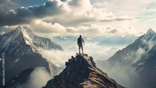 Woman on top of mountain with beautiful sky landscape.  photo