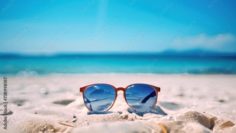 Sunglasses on sand at summer beach with sunshine holiday vacation background.