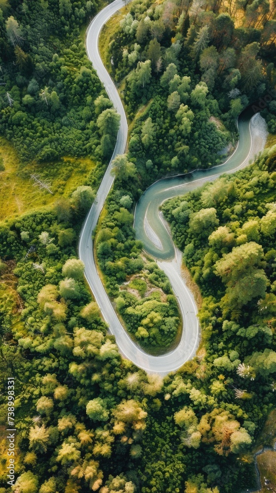Aerial view of  winding  river. Vertical background 