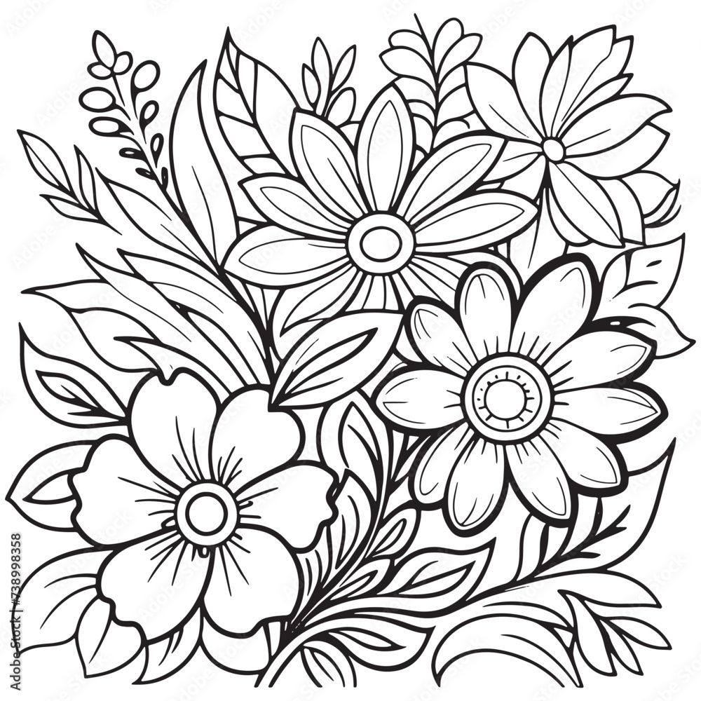 Floral outline drawing coloring book pages for children and adults
