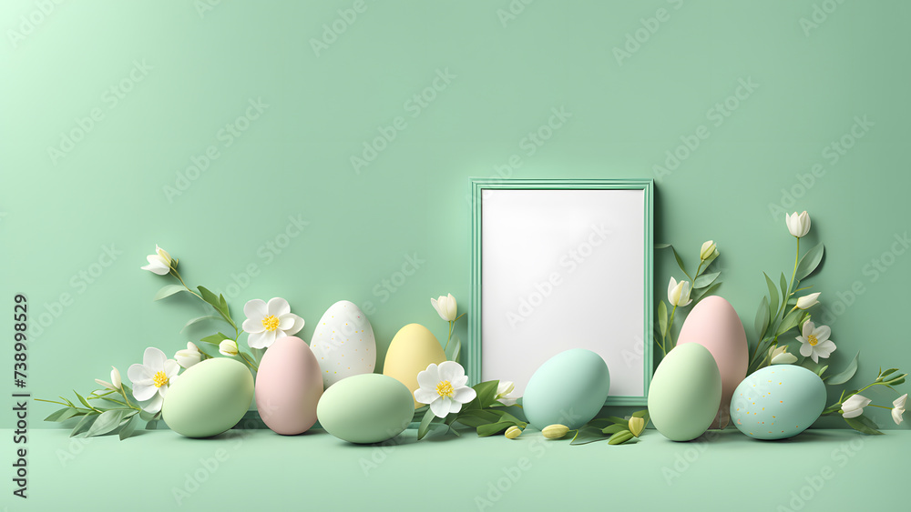 3D Easter Day Floral Frame with Flowers, Leaves, and Eggs in Unique Composition. Featuring a Minimalist Green Pastel Background, Ideal for Social Media Posts, Cards, Invitations, Banners, and Posters. 3D Easter Day Floral Frame with Flowers, Leaves, and Eggs in Unique Composition. Featuring a Minimalist Green Pastel Background, Ideal for Social Media Posts, Cards, Invitations, Banners, and Posters.