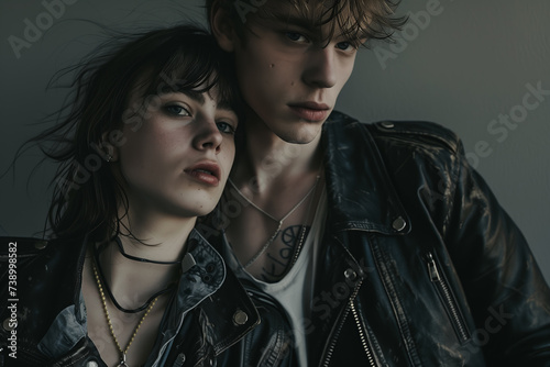 Confident Young Couple in Leather with a Compelling Look