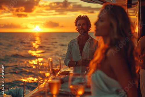 Couple have drinks on a yacht party at sunset.