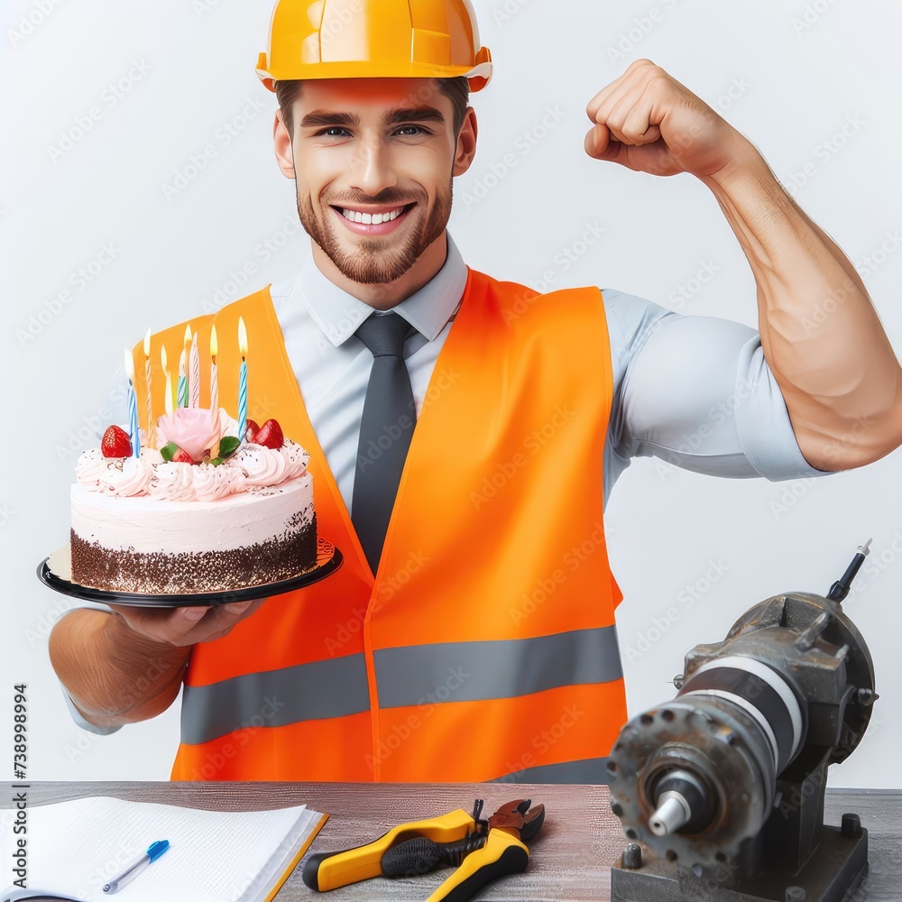 Worker with a cake celebrating Labor Day isolated on white background Worker with a cake celebrating Labor Day isolated on white background