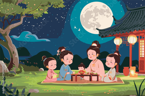 vector illustration of chinese family celebration full moon