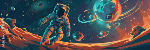 an astronaut in space, in the style of colorful landscapes, playful illustrative style, generative AI