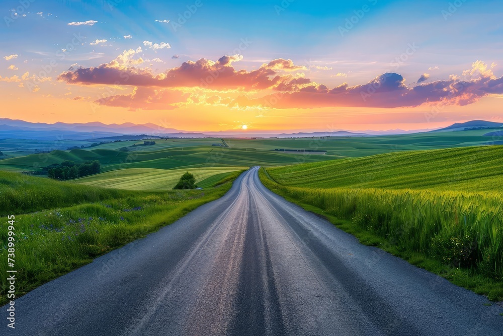 Idyllic summer landscape offering a sweeping view of a lush green field under a sunset sky The empty road inviting exploration and adventure - obrazy, fototapety, plakaty 