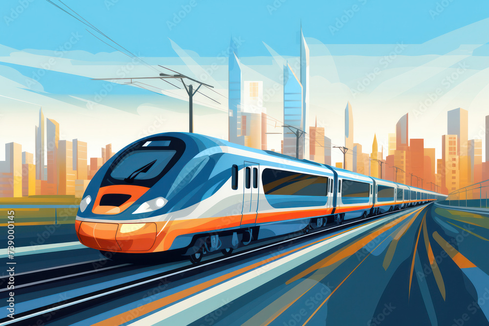 Fototapeta premium Speeding through Urban Landscapes: A Modern Journey on Electric Railway